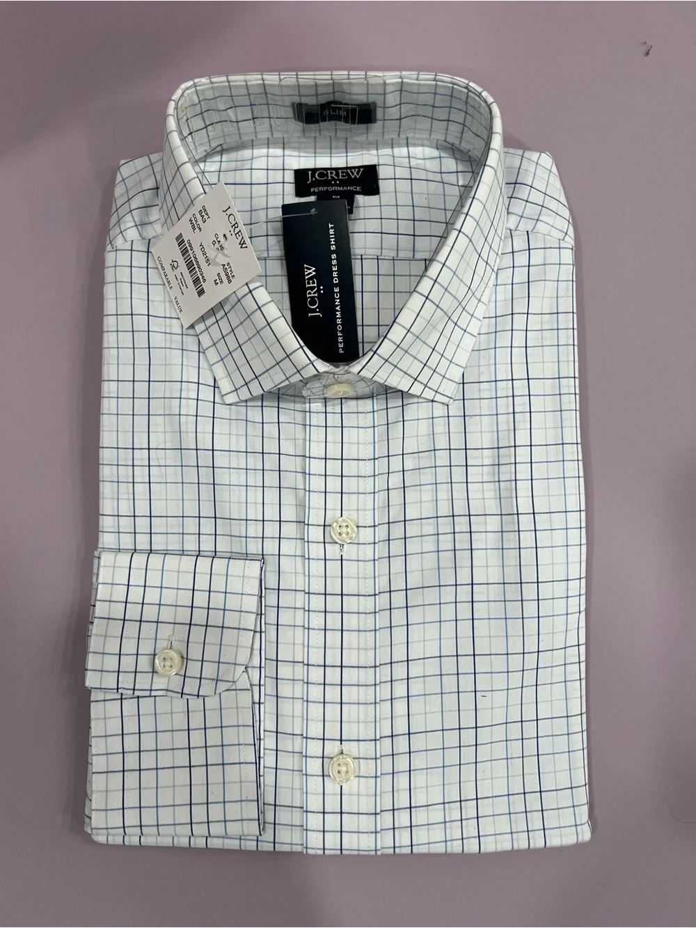 J.Crew Men's White Blue Windowpane Performance Dress Shirt NWT